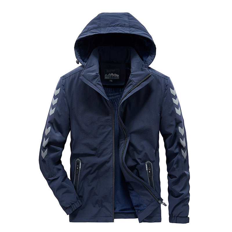 Men's water-repellent softshell jacket with hood, reflective chevron stripes and zippered pockets Shop Velvia