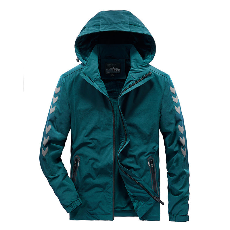 Men's water-repellent softshell jacket with hood, reflective chevron stripes and zippered pockets Shop Velvia
