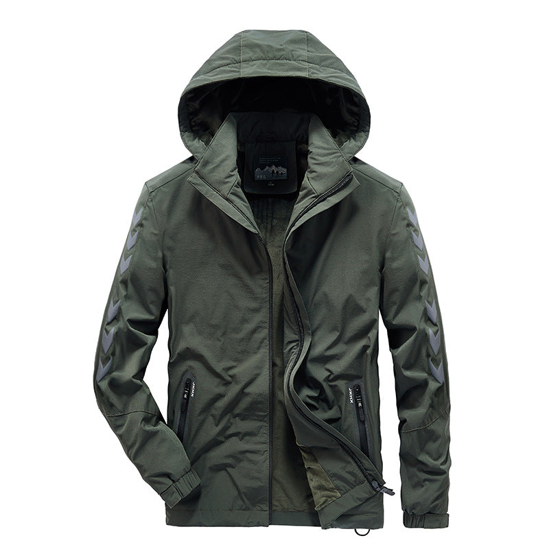 Men's water-repellent softshell jacket with hood, reflective chevron stripes and zippered pockets Shop Velvia