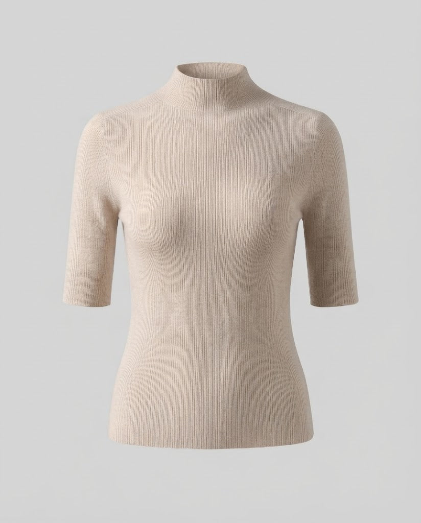 Women Half Sleeve Fine Knit Sweater with Short Stand Collar and Fitted Cut Shop Velvia