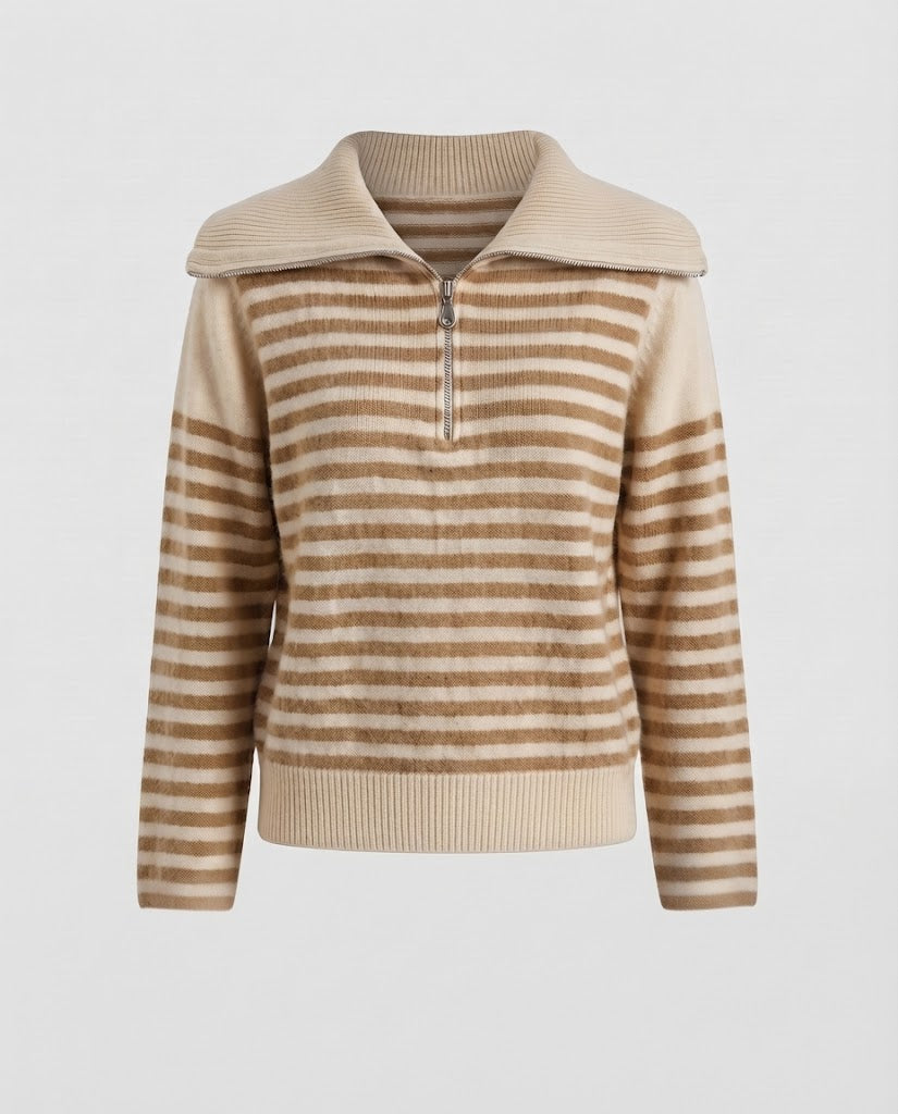 Women's Striped Short Sweater in Fluffy Mohair Look with Half Zipper and Overlapping Collar Shop Velvia