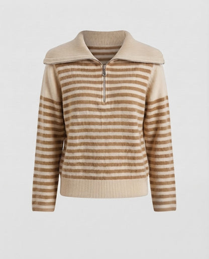 Women's Striped Short Sweater in Fluffy Mohair Look with Half Zipper and Overlapping Collar Shop Velvia