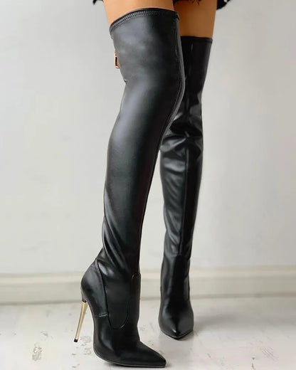 Shop Velvia | Overknee Boots with Golden Heel and Zipper Detail