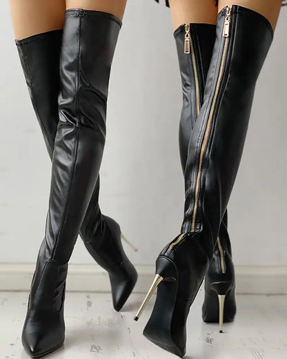 Shop Velvia | Overknee Boots with Gold Heel and Zipper Detail