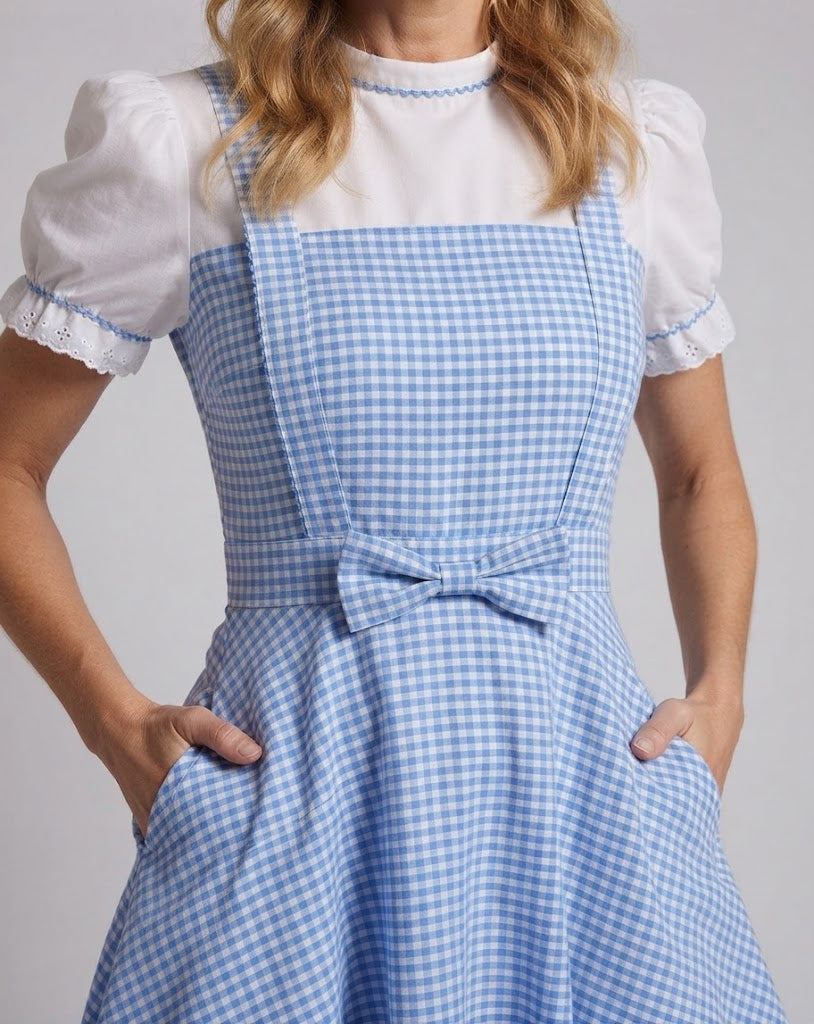 Women's nostalgic checkered dress with frill details and matching accessories Shop Velvia