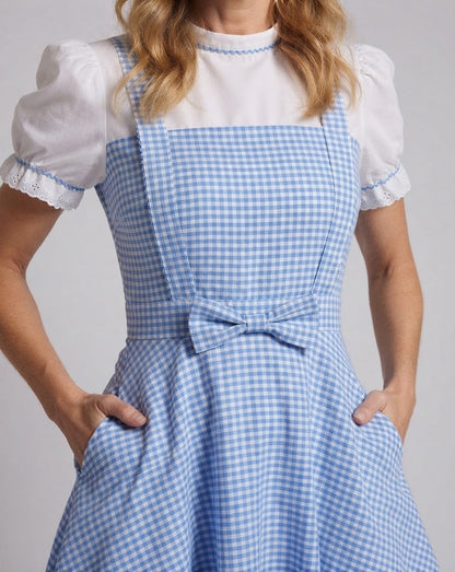 Women's nostalgic checkered dress with frill details and matching accessories Shop Velvia