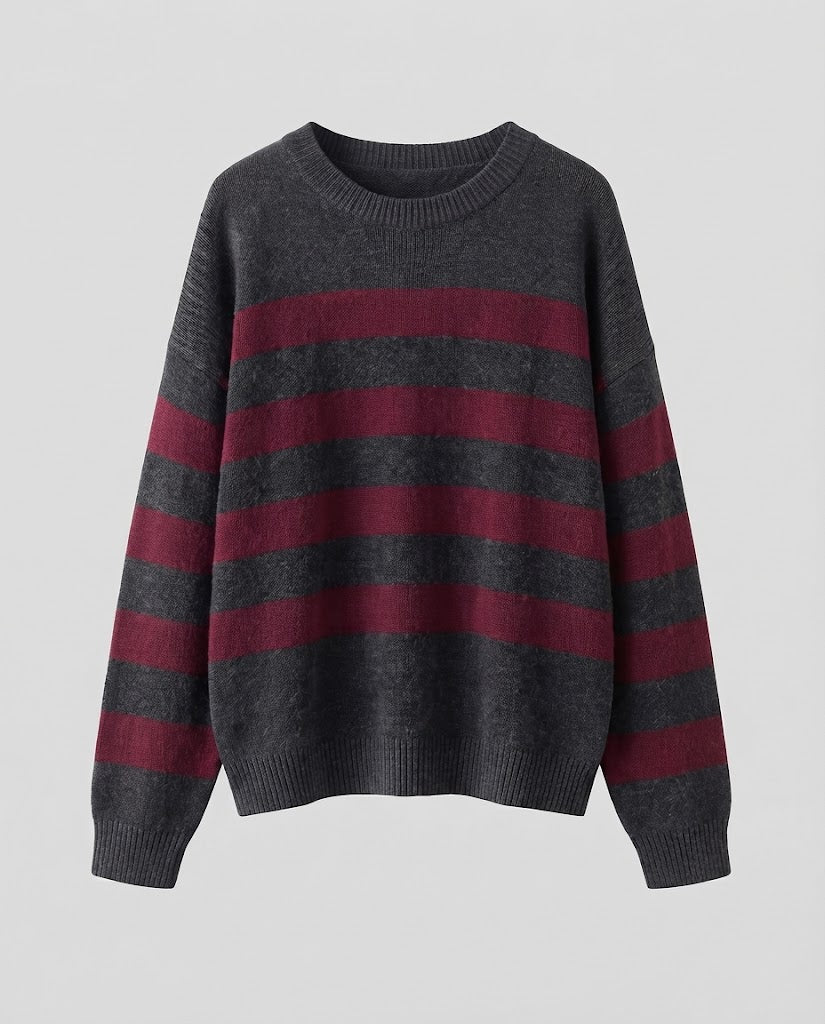 Ladies Striped Fine Knit Sweater with Round Neck, Dropped Shoulder and Loose Silhouette Shop Velvia