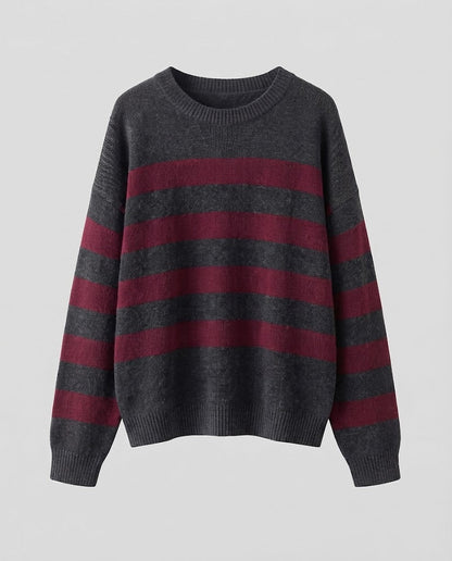 Ladies Striped Fine Knit Sweater with Round Neck, Dropped Shoulder and Loose Silhouette Shop Velvia