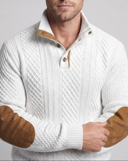 Men's coarse structure turtleneck with half-button placket and suede elbow patches Shop Velvia
