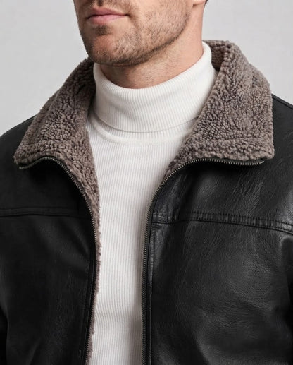 Men's synthetic leather zip jacket with full teddy fleece lining and high stand-up collar Shop Velvia
