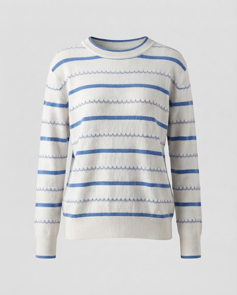 Women's Striped Fine Knit Sweater with Decorative Stitch and Round Neckline Shop Velvia