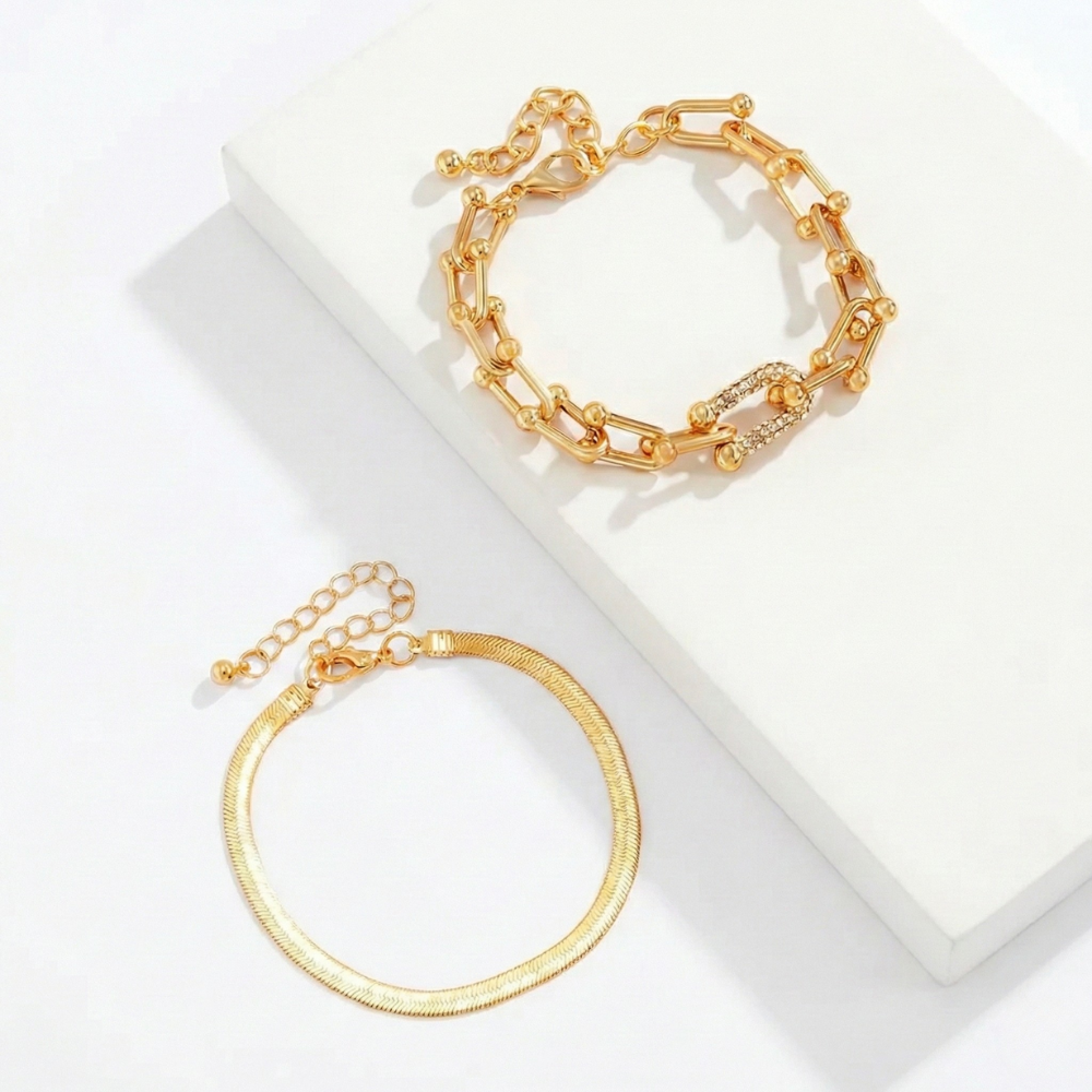 Women's Bracelet Set with Link Design & Snake Bracelet in Gold Look | Shopnory