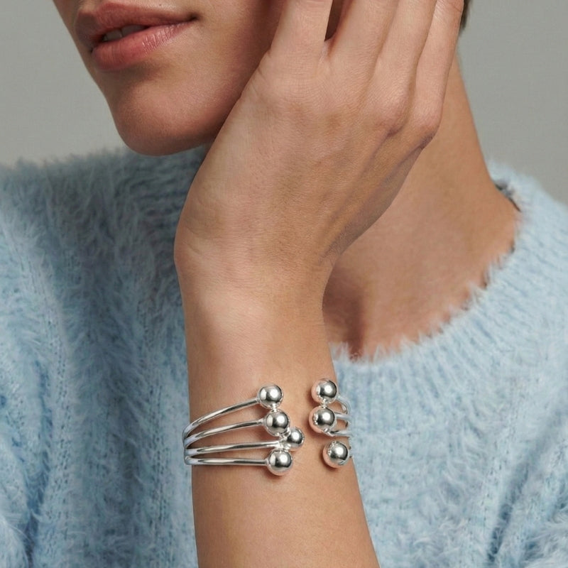 Ladies Open Multi-Strand Bangle with Ball Ends in Silver Look