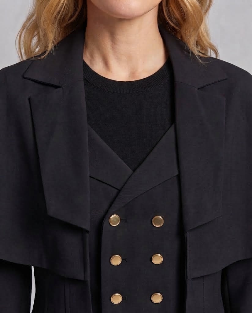 Women Dramatic Cape Coat with Button Placket and Puff Sleeves Shop Velvia