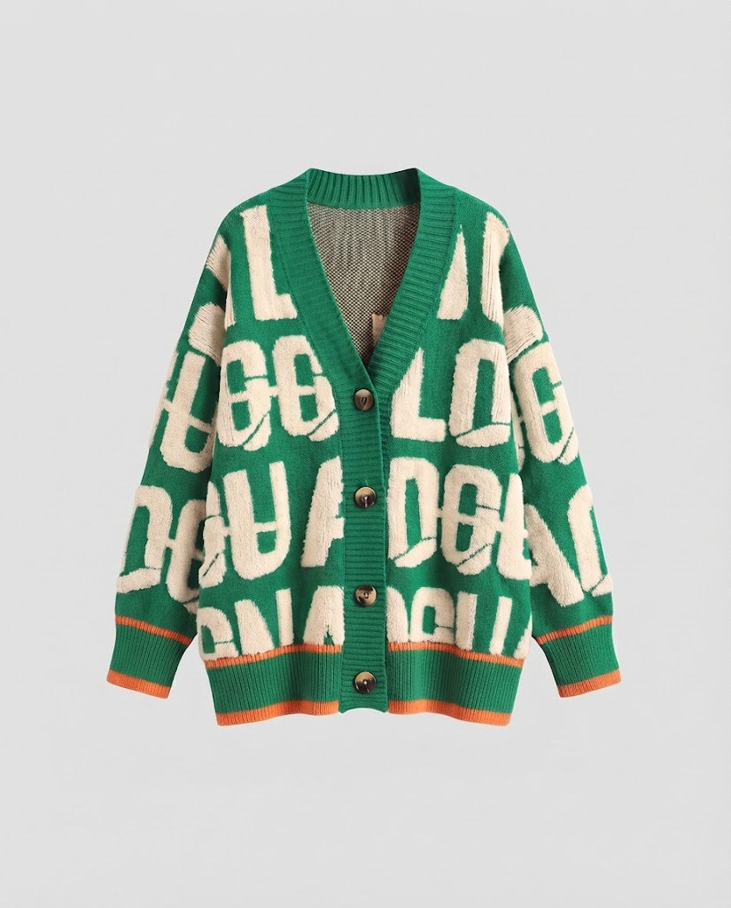 Women's chunky knit cardigan in lettering jacquard with oversized fit and V-neck Shop Velvia