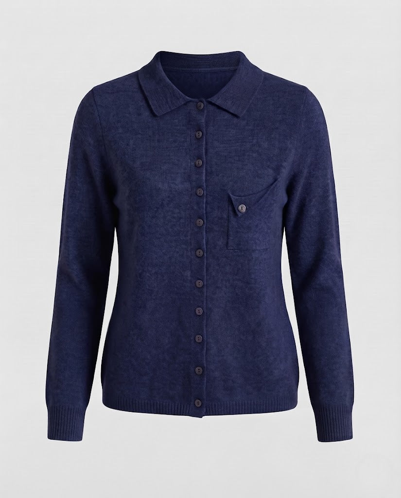Women's fine-knit cardigan with polo collar, 3/4 sleeves and discreet chest pocket Shop Velvia