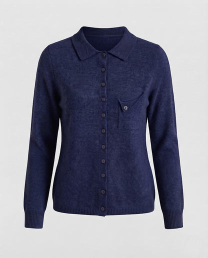 Women's fine-knit cardigan with polo collar, 3/4 sleeves and discreet chest pocket Shop Velvia