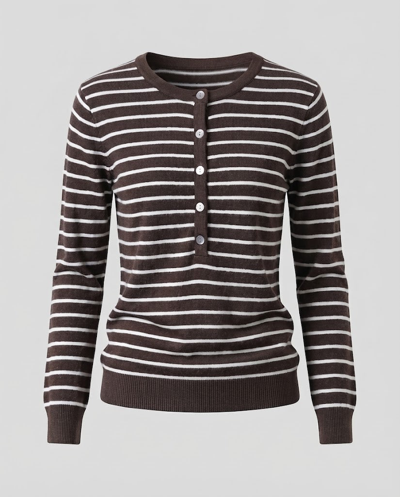 Women's Striped Henley Fine Knit Sweater with Button Placket Shop Velvia