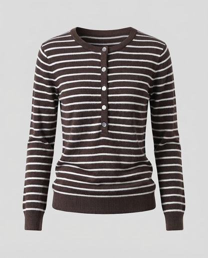 Women's Striped Henley Fine Knit Sweater with Button Placket Shop Velvia