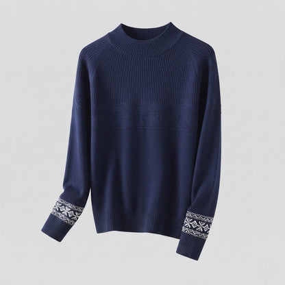 Women's fine-knit pullover with a short stand-up collar, structured yoke and Norwegian motif at the sleeve hem Shop Velvia