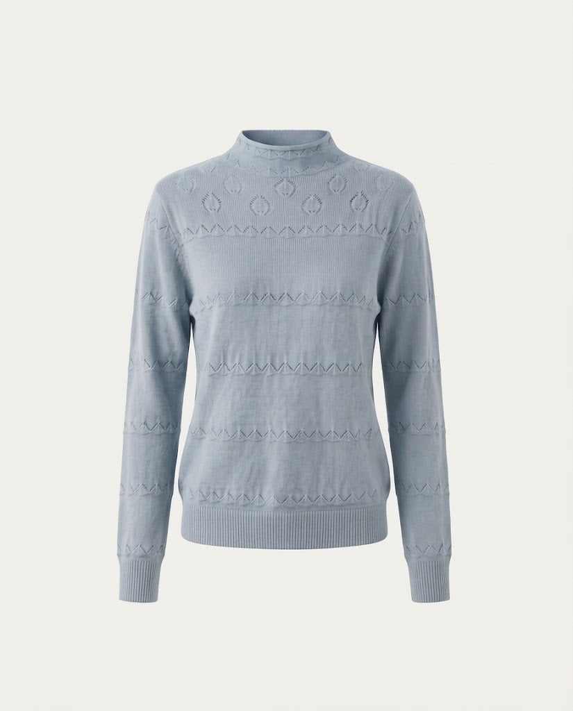 Ladies fine knit pullover with subtle lace stripe and short stand-up collar Shop Velvia