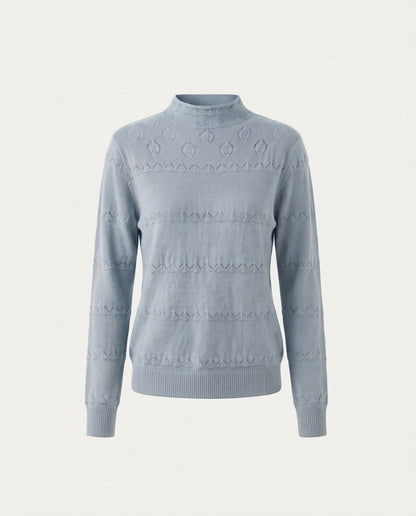 Ladies fine knit pullover with subtle lace stripe and short stand-up collar Shop Velvia