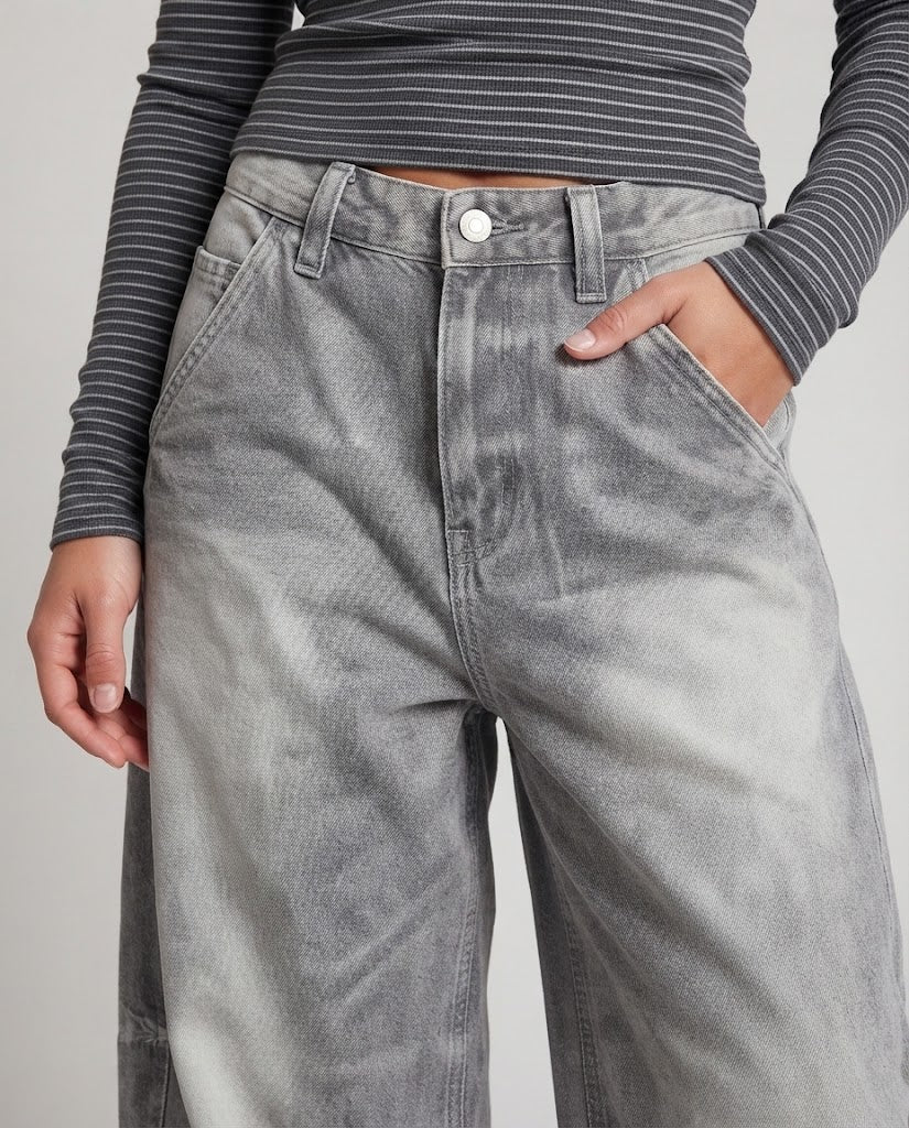 Women's floor-length palazzo denim jeans with balloon-shaped legs and soft used-fade Shop Velvia