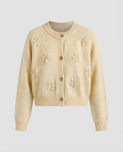 Women's short-cut cardigan with three-dimensional floral patterns, wooden buttons, and ribbed hem Shop Velvia