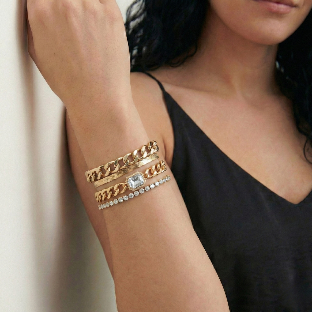 Women's Bracelet Set with Link Chain and Rhinestone Details