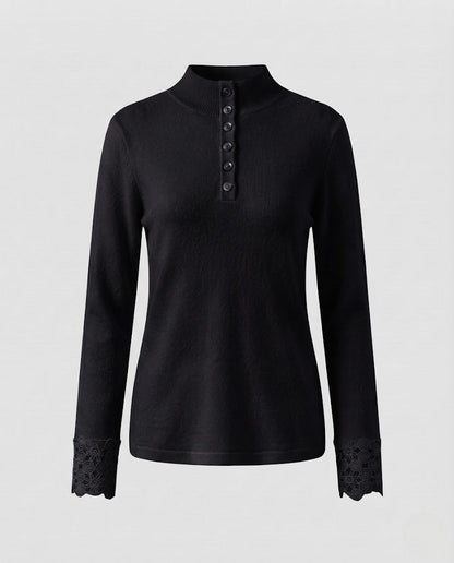 Women Fine Stand Collar Sweater with Decorative Button Placket and Lace Cuffs Shop Velvia