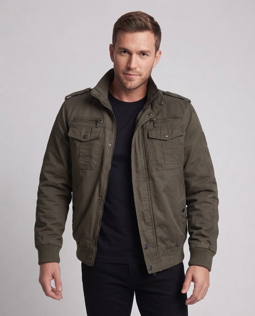 Men's short-cut pilot jacket made of canvas with hidden thermal lining and shoulder epaulets Shop Velvia