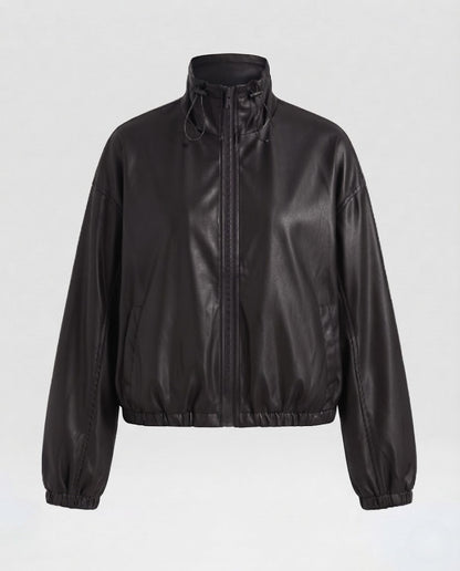 Women's Oversized Faux Leather Bomber Jacket with Stand Collar, Drawstring and Elastic Hem Shop Velvia