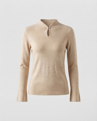 Ladies fine knit long sleeve with short stand-up collar slit button and flared sleeve hem Shop Velvia