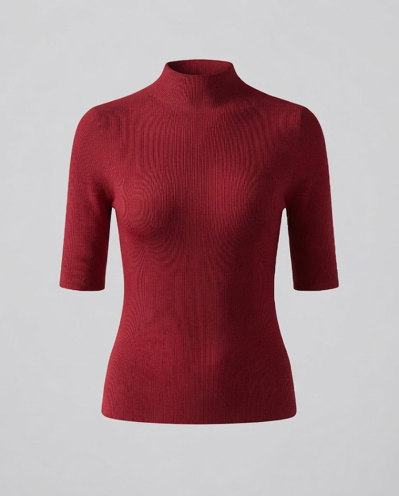 Women Half Sleeve Fine Knit Sweater with Short Stand Collar and Fitted Cut Shop Velvia