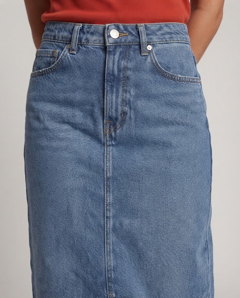 Women's High-Waisted Denim Midi Skirt with Front Slit and Straight Cut Shop Velvia