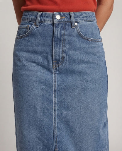 Women's High-Waisted Denim Midi Skirt with Front Slit and Straight Cut Shop Velvia