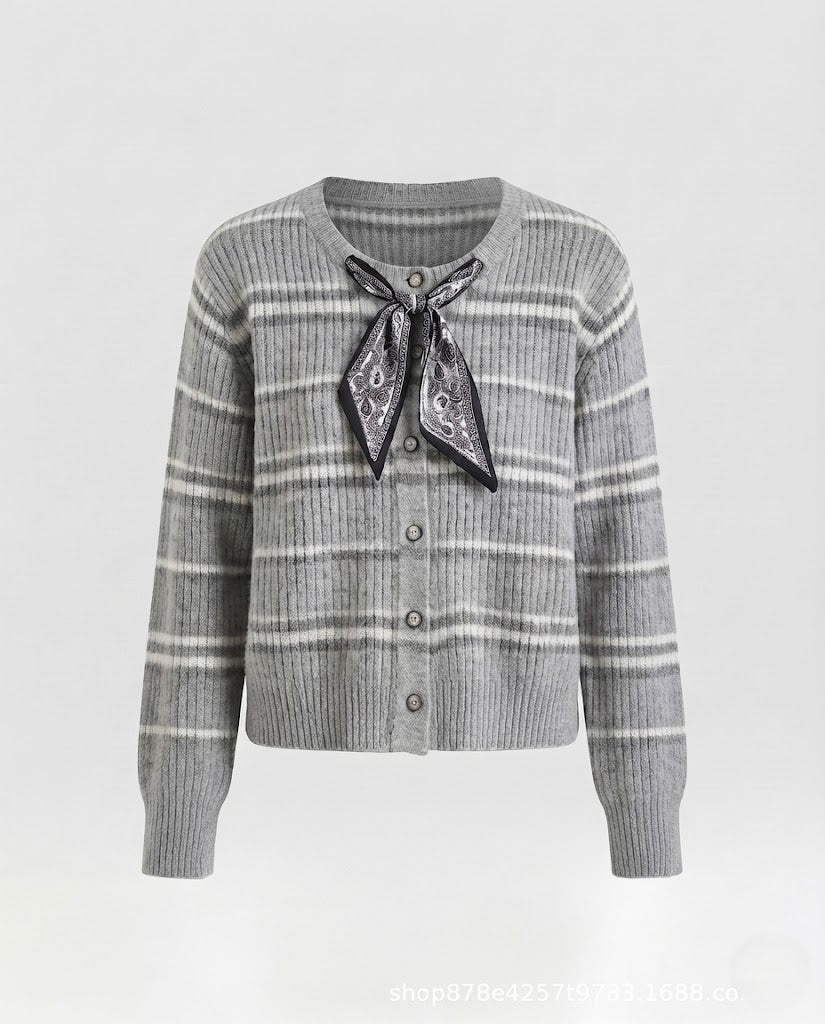 Women's short cardigan made of fine knit with a fine ribbed pattern and paisley bow Shop Velvia