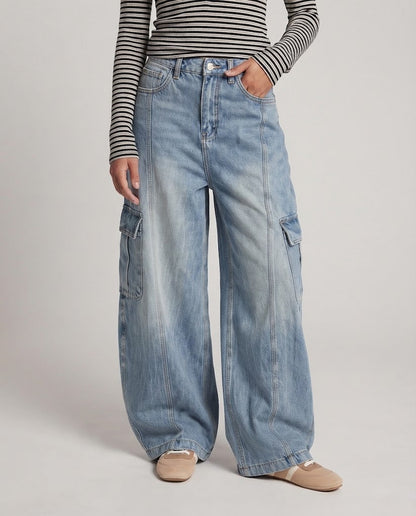 Ladies Extra Wide Palazzo Denim Trousers with Balloon Silhouette and Large Cargo Flap Pockets Shop Velvia
