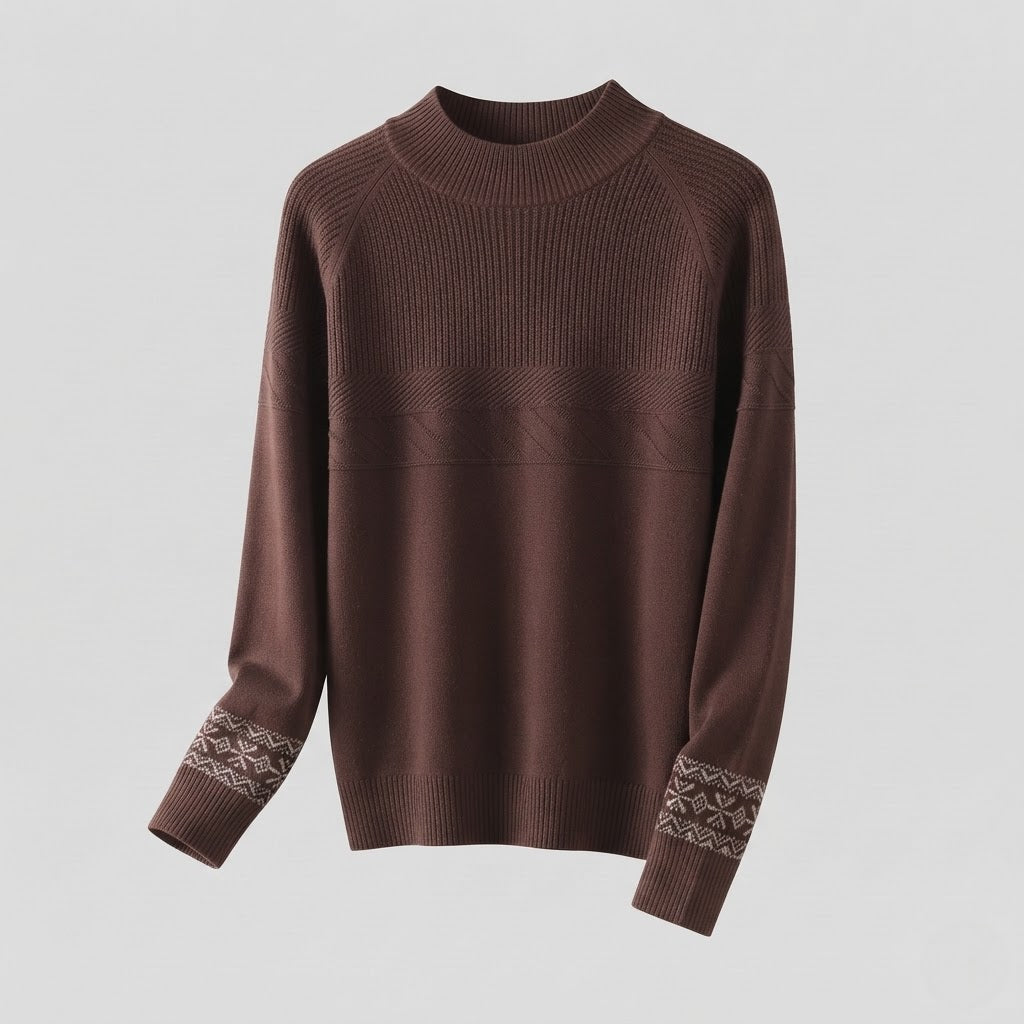Women's fine-knit pullover with a short stand-up collar, structured yoke and Norwegian motif at the sleeve hem Shop Velvia