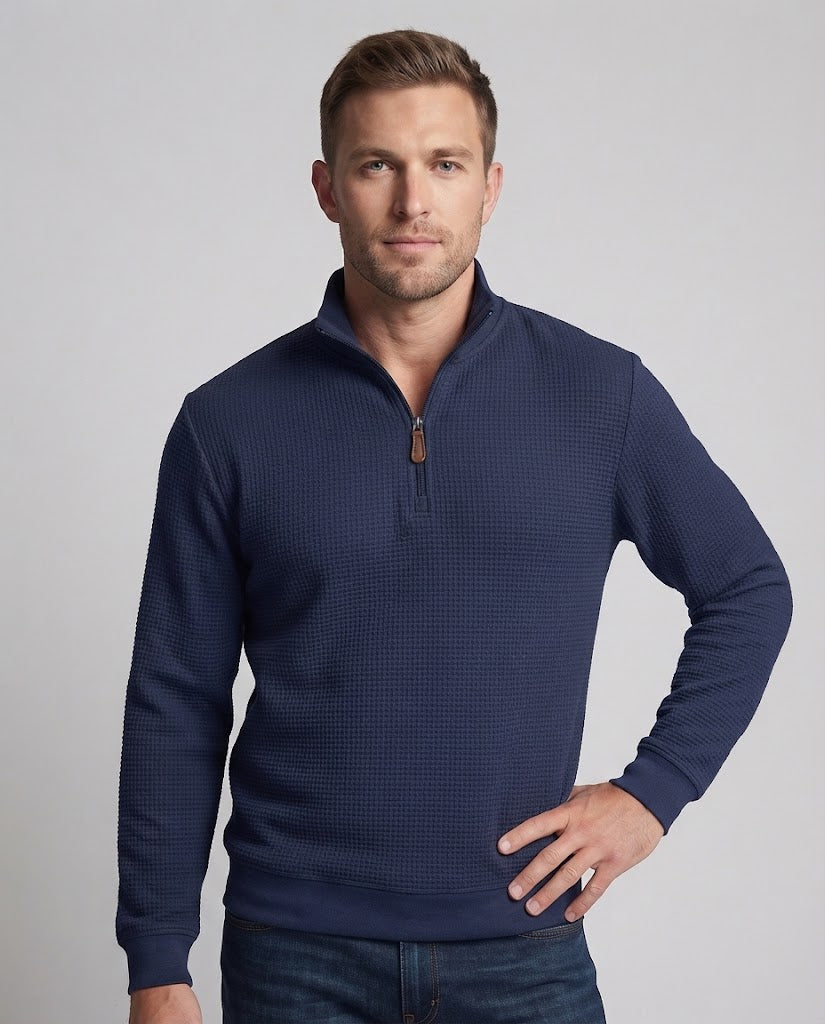 Men's waffle knit half-zip sweatshirt with stand-up collar and leather zipper pull Shop Velvia