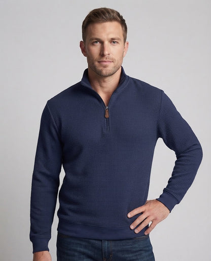 Men's waffle knit half-zip sweatshirt with stand-up collar and leather zipper pull Shop Velvia