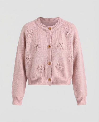Women's short-cut cardigan with three-dimensional floral patterns, wooden buttons, and ribbed hem Shop Velvia