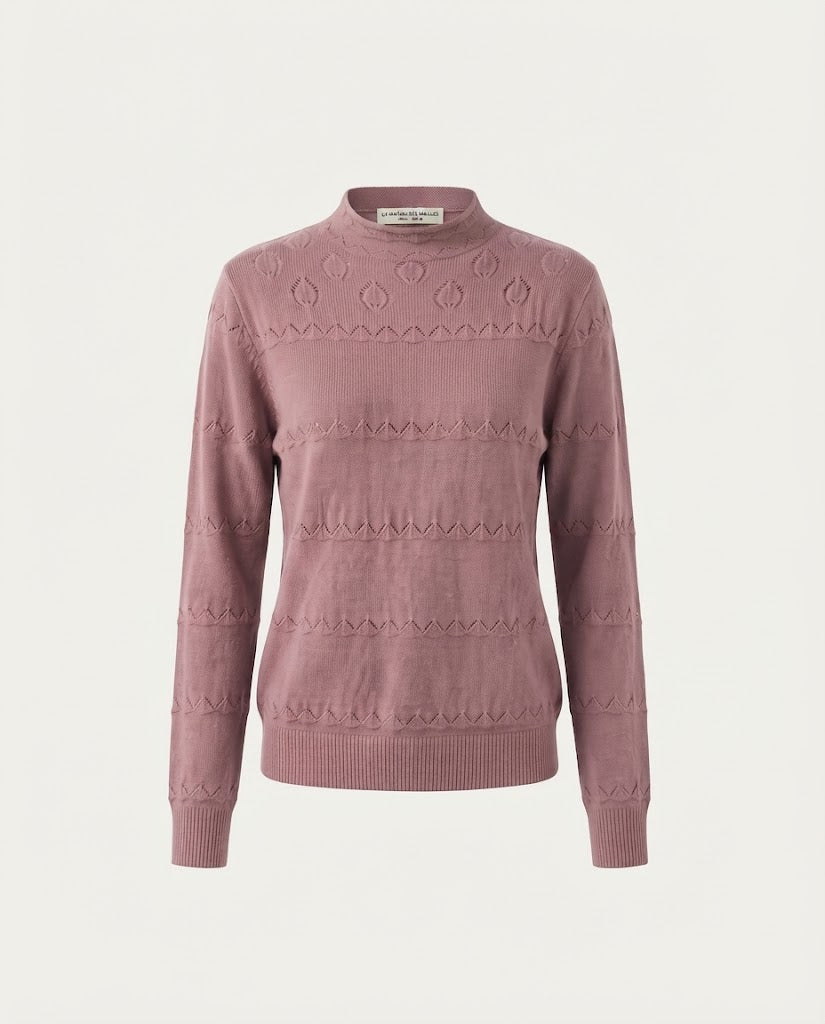 Ladies fine knit pullover with subtle lace stripe and short stand-up collar Shop Velvia