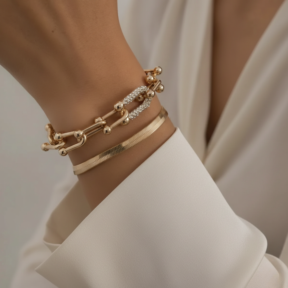 Women's Bracelet Set with Link Design & Snake Bracelet in Gold Look | Shopnory