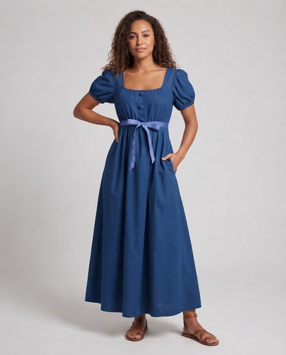 Women Elegant Maxi Dress with Puff Sleeves and Waistband Shop Velvia