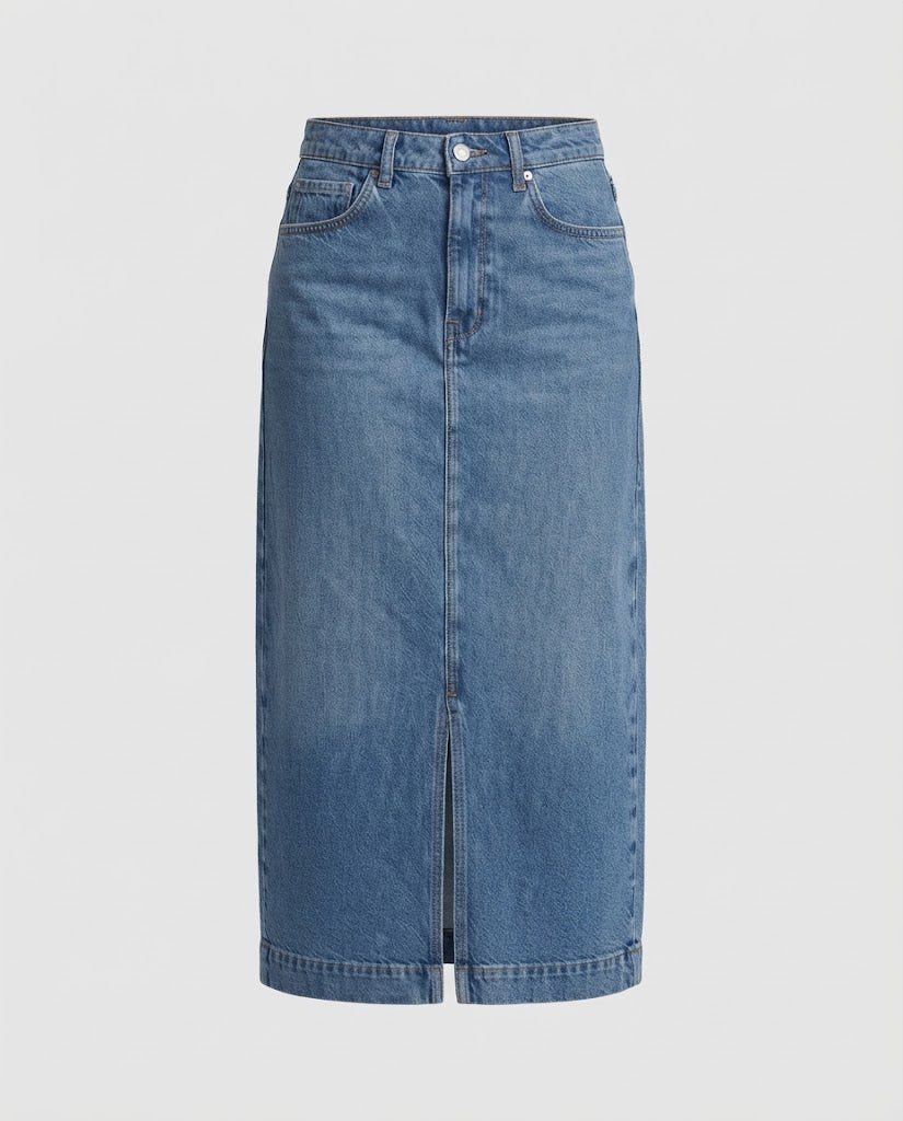 Women's High-Waisted Denim Midi Skirt with Front Slit and Straight Cut Shop Velvia