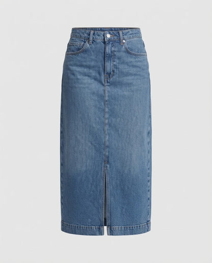 Women's High-Waisted Denim Midi Skirt with Front Slit and Straight Cut Shop Velvia