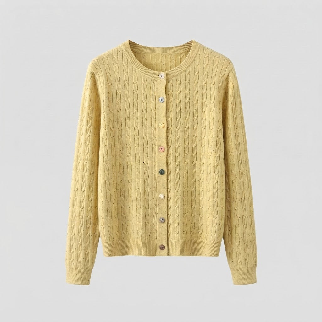Women's fine knit cardigan with cable pattern and colorful buttons Shop Velvia