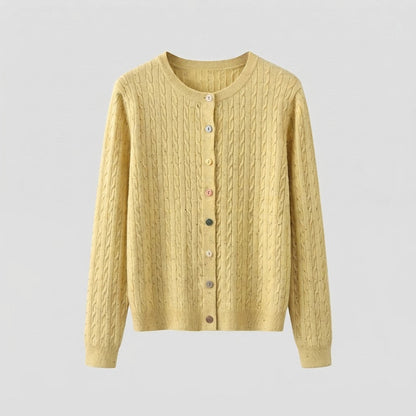 Women's fine knit cardigan with cable pattern and colorful buttons Shop Velvia