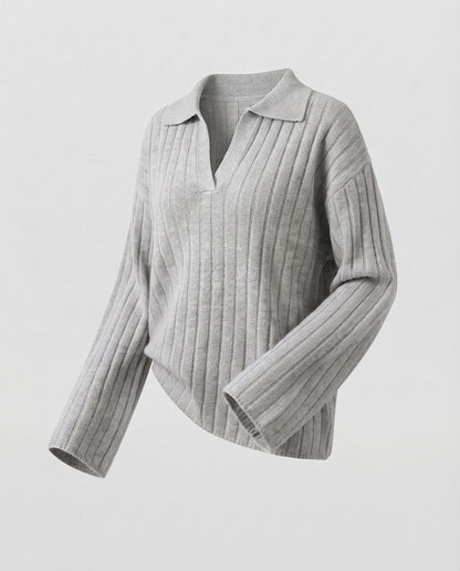 Women's Chunky Ribbed Wool Blend Sweater with Polo Collar and Wide Sleeves Shop Velvia